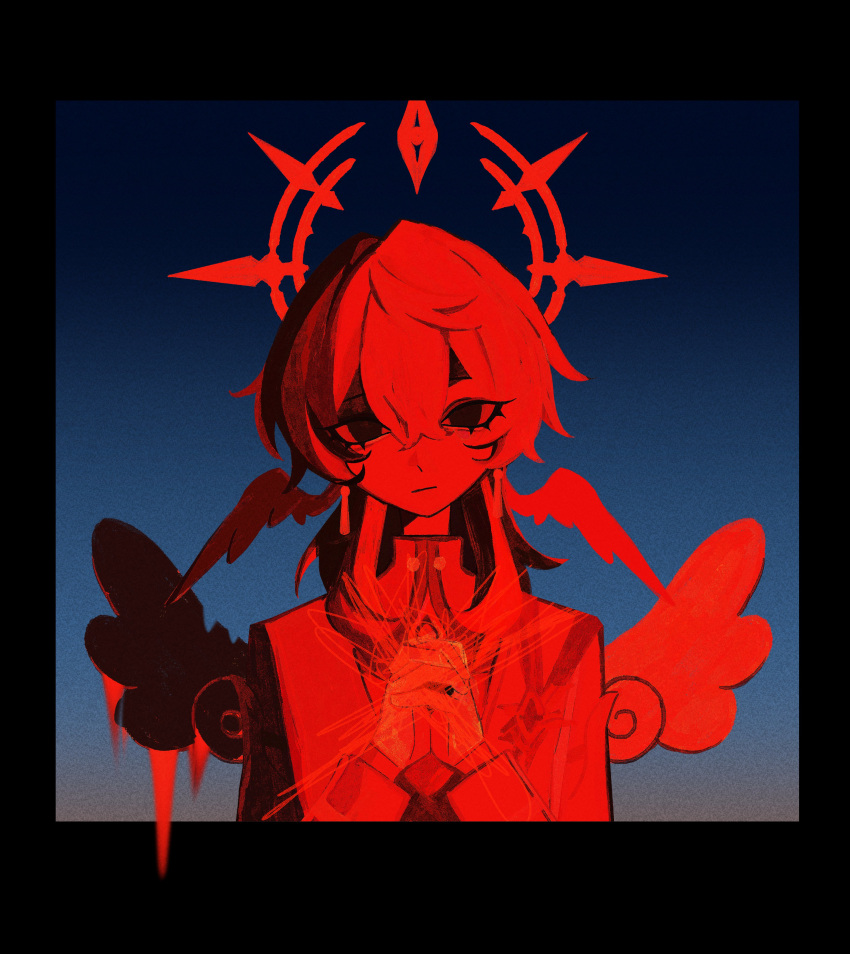 1boy, absurdres, censored, coat, halo, halo_behind_head, hands_up, head_wings