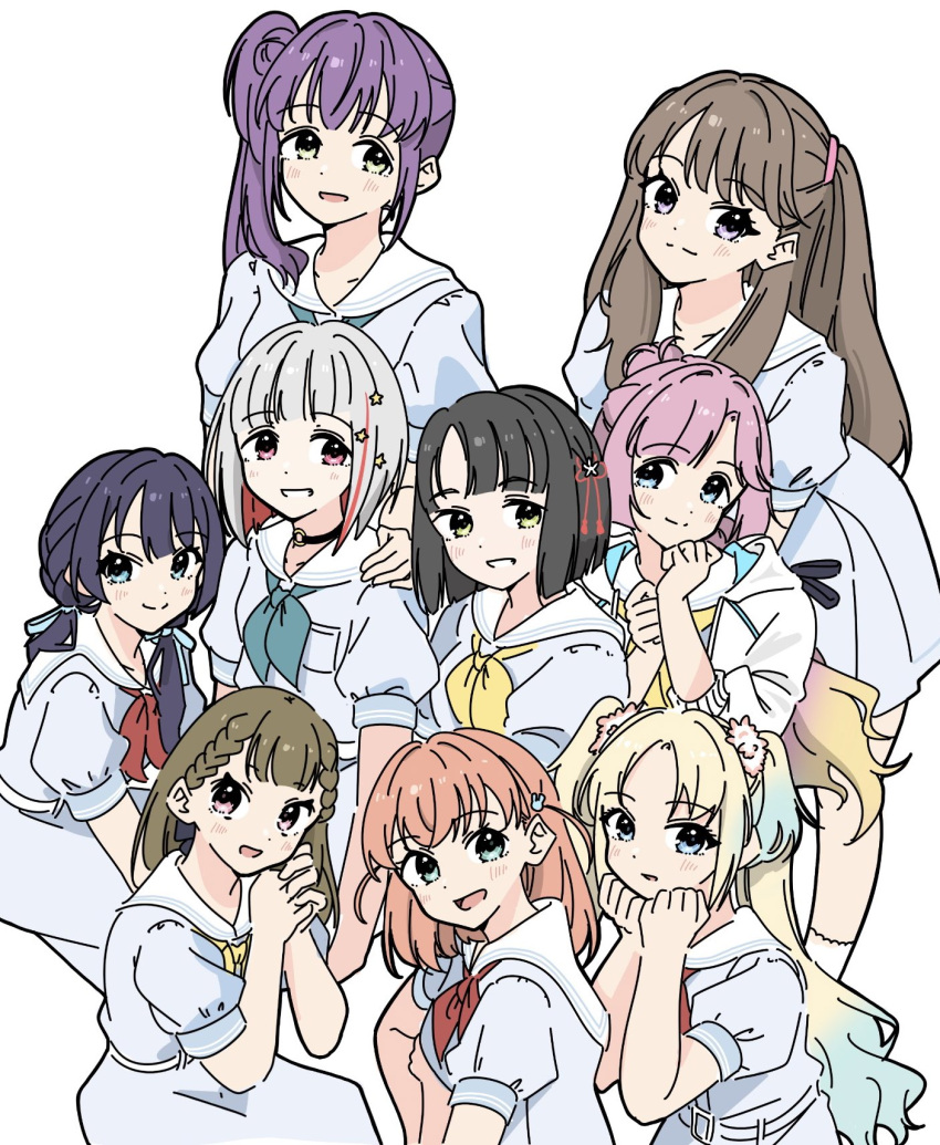 6+girls, :3, :d, ahoge, anyoji_hime, aqua_eyes, aqua_neckerchief, black_choker