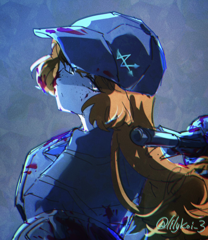 1girl, baseball_cap, black_vest, blood, blood_on_clothes, blood_on_face, blue_hat, blue_necktie
