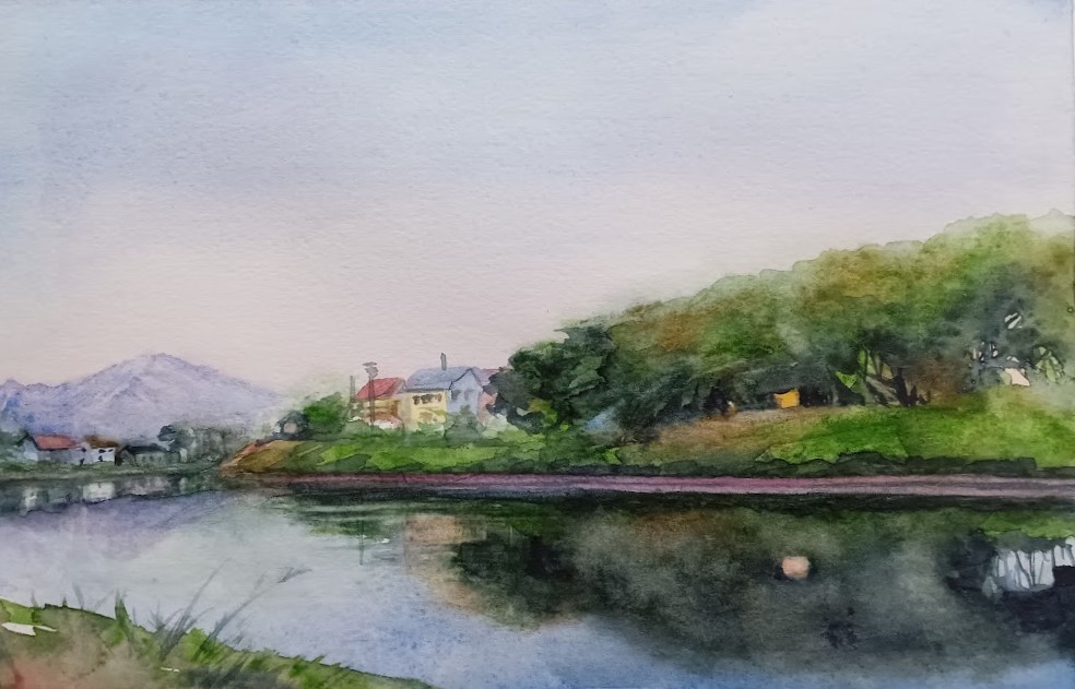 blue_sky, building, day, grass, house, knt20203, mountain, no_humans, original, painting_(medium), reflection, reflective_water, river, riverbank, scenery, shadow, sky, town, traditional_media, tree