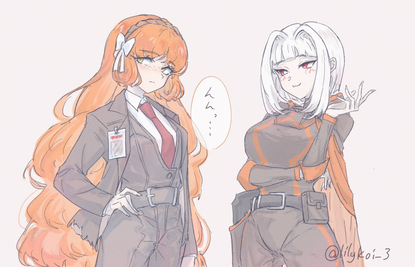 2girls, armor, belt, black_armor, black_belt, black_jacket, blush, bow, brown_hairband, cape, closed_mouth, cowboy_shot, hair_bow, hair_intakes, hairband, highres, id_card, ishmael_(project_moon), jacket, lilykoi_3, limbus_company, lobotomy_corporation, long_sleeves, looking_at_another, looking_to_the_side, multiple_girls, myo_(project_moon), orange_cape, project_moon, red_eyes, rope, short_hair, simple_background, speech_bubble, translation_request, white_background, white_bow, white_hair, wing_collar