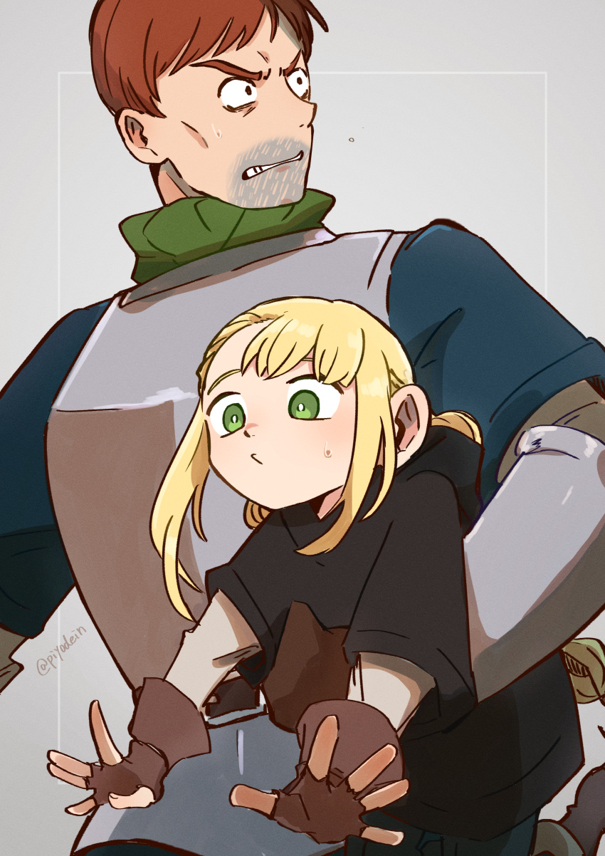 1boy, 1girl, absurdres, armor, beard_stubble, blonde_hair, brown_gloves, brown_hair