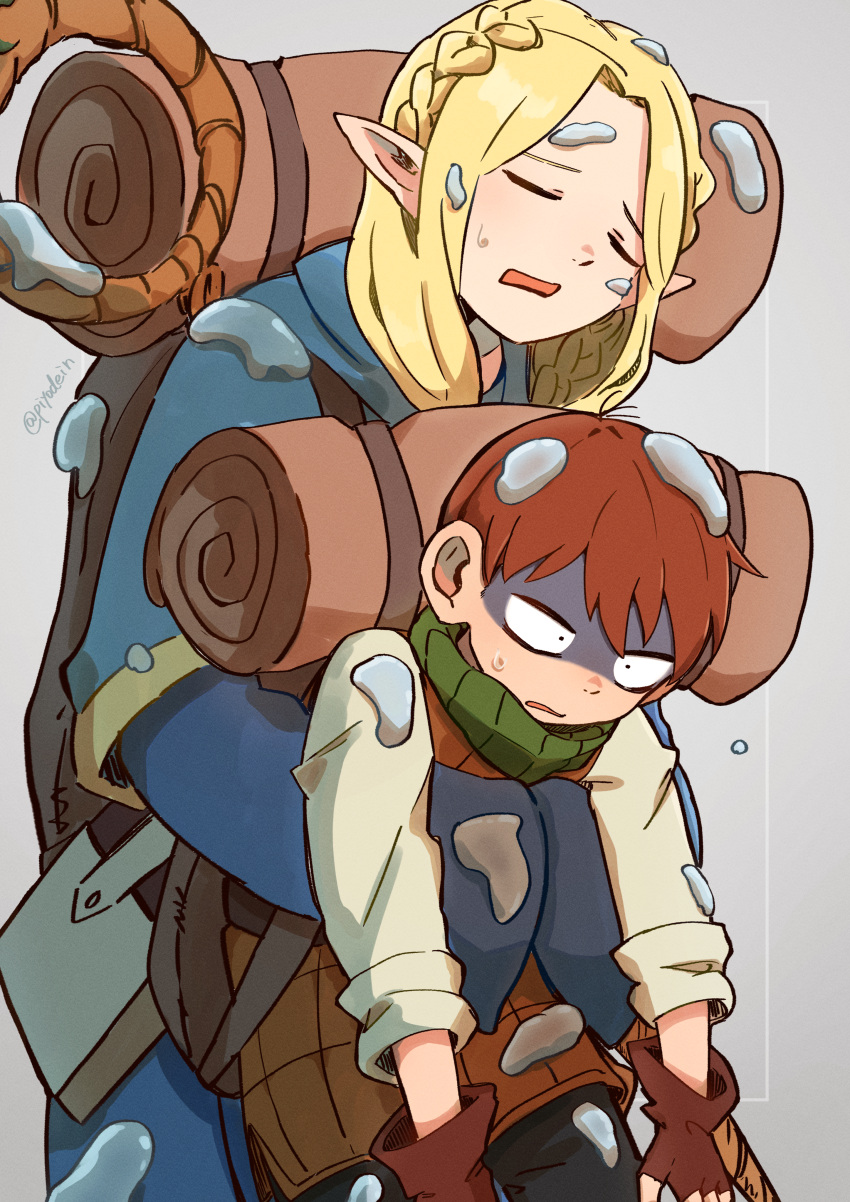 1boy, 1girl, absurdres, armor, bag, blonde_hair, blue_robe, braid, brown_gloves, brown_hair, carrying, chilchuck_tims, closed_eyes, dungeon_meshi, fingerless_gloves, gloves, grey_hair, highres, leather_armor, marcille_donato, neck_warmer, open_mouth, pants, piyodein_(katsugo), robe, shaded_face, sweat, twitter_username