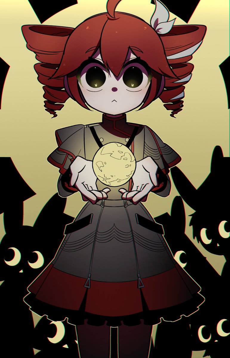 1girl, :<, ahoge, black_eyes, cowboy_shot, drill_hair, full_moon, grey_jacket