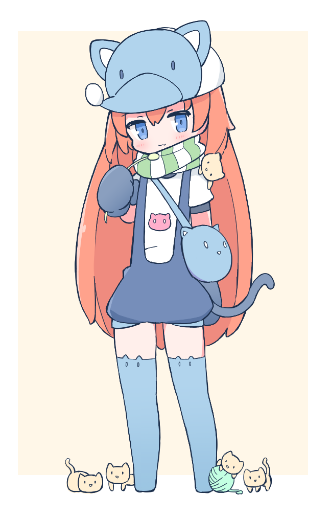 1girl, animal_bag, blue_eyes, blue_gloves, blue_thighhighs, blush, cat_bag, cat_teaser