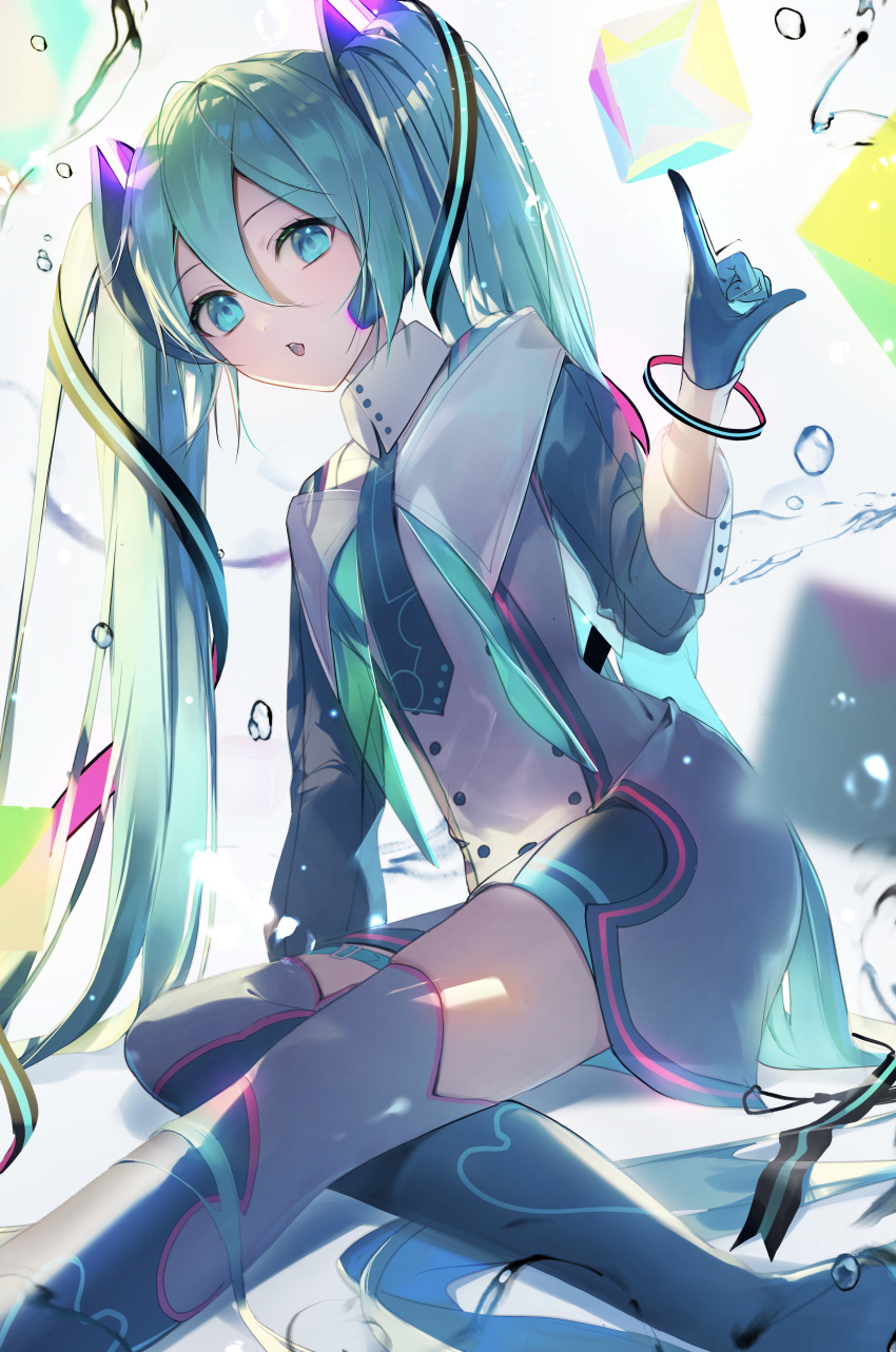 1girl, absurdres, aqua_eyes, aqua_hair, black_gloves, black_necktie, blurry, blurry_foreground