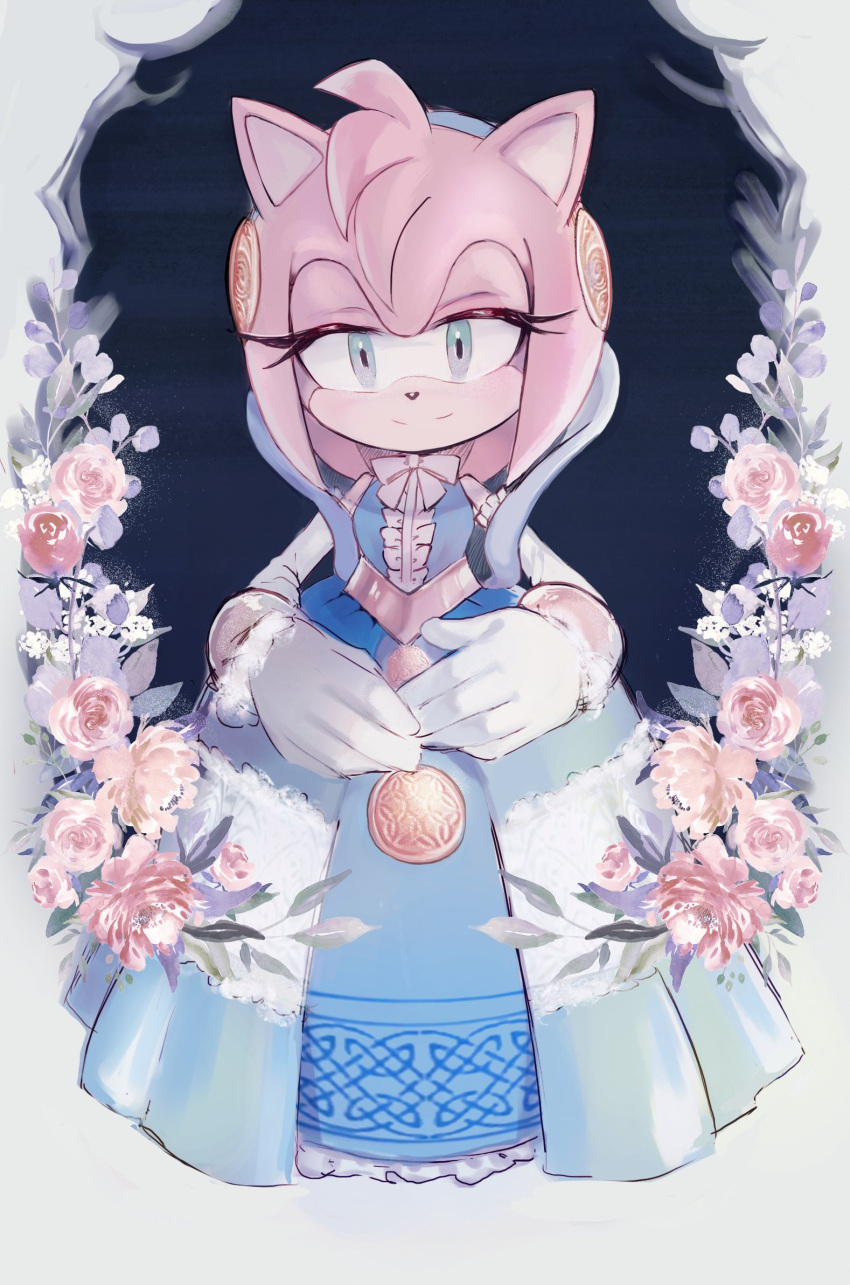 1girl, amy_rose, animal_ears, animal_nose, blue_background, blue_dress, blue_hairband, border, bow, bowtie, bracelet, closed_mouth, commentary_request, dress, elbow_gloves, eyelashes, flower, frills, furry, furry_female, gloves, gold_bracelet, gold_trim, green_eyes, hairband, half-closed_eyes, hedgehog_ears, hedgehog_girl, highres, jewelry, korean_commentary, lady_of_the_lake, leaf, looking_at_viewer, nimue_(sonic), nisibo25, official_alternate_costume, outside_border, pink_flower, pink_fur, pink_rose, rose, simple_background, sleeveless, sleeveless_dress, smile, solo, sonic_(series), sonic_and_the_black_knight, standing, white_border, white_bow, white_bowtie, white_gloves