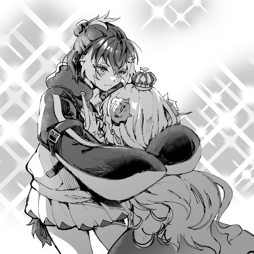 2girls, bird_tail, blush, crown, finana_ryugu, finana_ryugu_(1st_costume), fins, fish_hair_ornament, flower, hair_flower, hair_ornament, head_fins, highres, hug, jin_(pineeeapple), long_hair, looking_at_another, monochrome, multiple_girls, nijisanji, nijisanji_en, petra_gurin, petra_gurin_(1st_costume), short_hair, sleeves_past_fingers, sleeves_past_wrists, smile, tail, virtual_youtuber