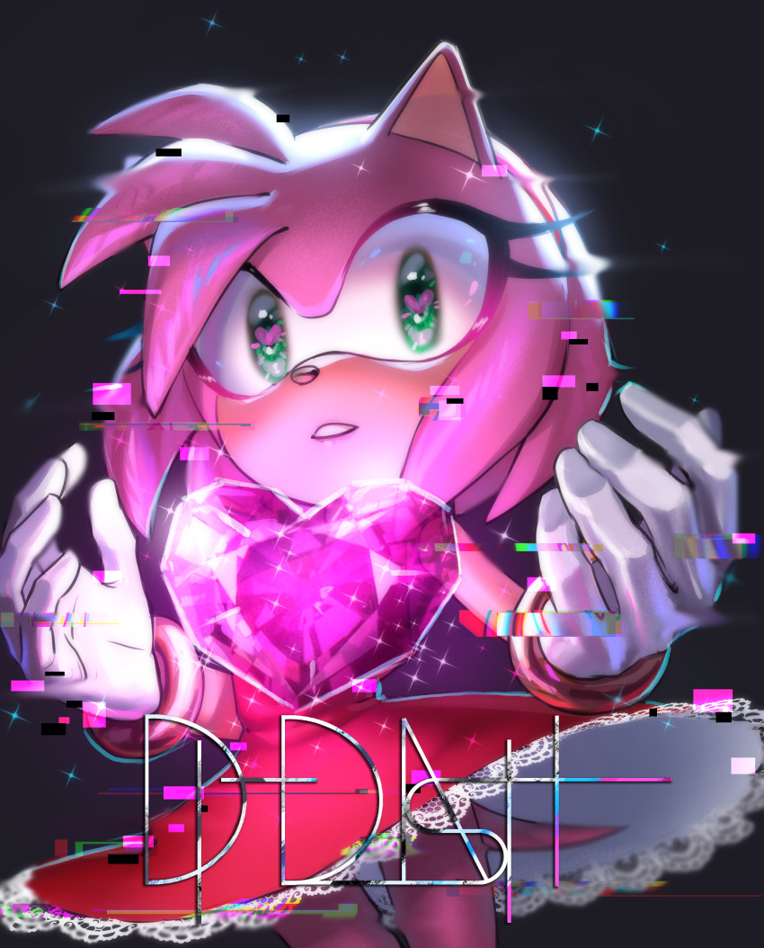 1girl, absurdres, amy_rose, animal_ears, animal_nose, artist_name, bare_shoulders, black_background
