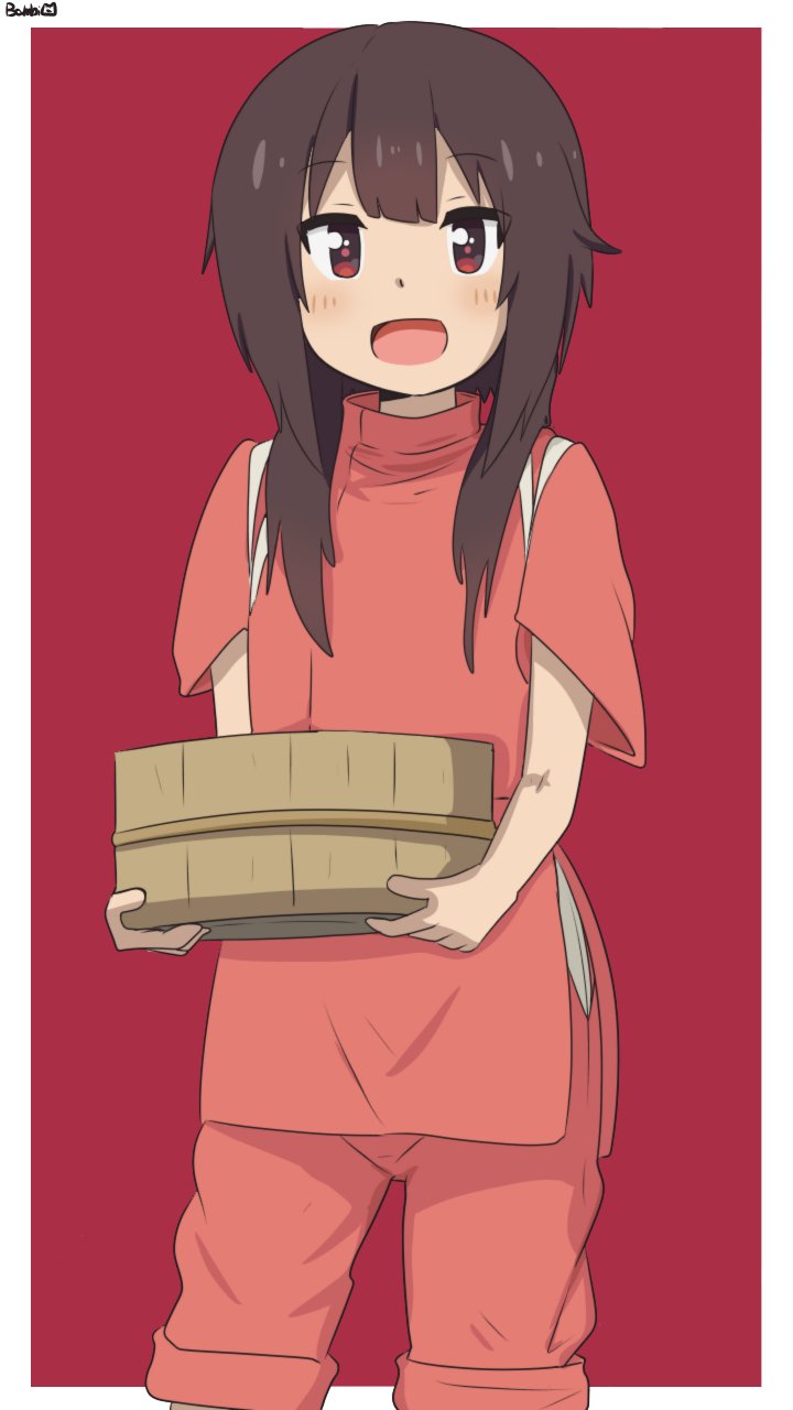 1girl, :d, bambi2000line, basin, blush, border, brown_hair, commentary