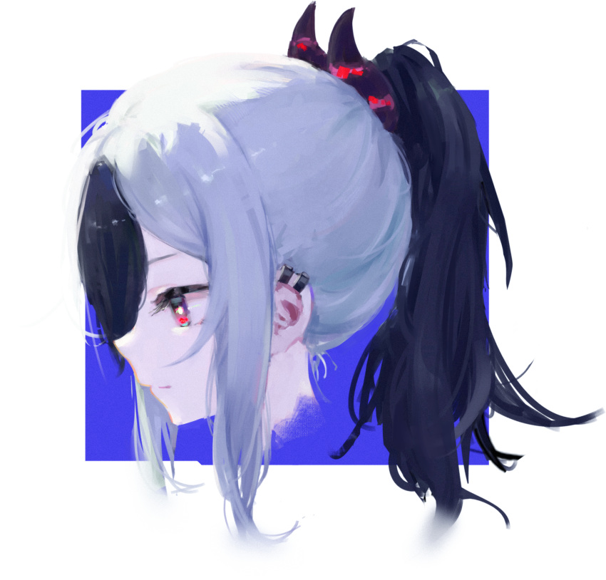 1girl, black_hair, black_horns, blue_archive, blush, bright_pupils, closed_mouth, demon_horns, ear_piercing, grey_halo, hair_between_eyes, halo, head_only, highres, horns, kayoko_(blue_archive), long_hair, looking_at_viewer, multicolored_hair, piercing, ponytail, red_eyes, red_horns, siience, simple_background, solo, striped_horns, two-tone_hair, white_hair, white_pupils