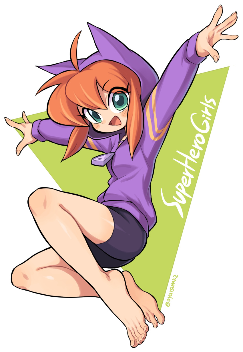 barbara_gordon, barefoot, batgirl, bike_shorts, dc_super_hero_girls, highres, hood, hoodie, oyatsu_(mk2), toes
