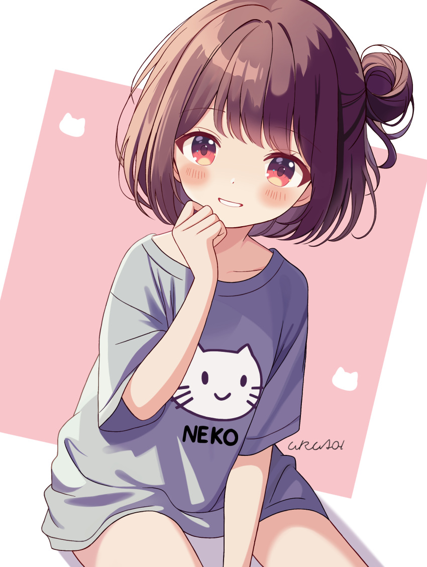 1girl, absurdres, animal_print, arm_up, artist_name, blush, cat_print, dot_nose