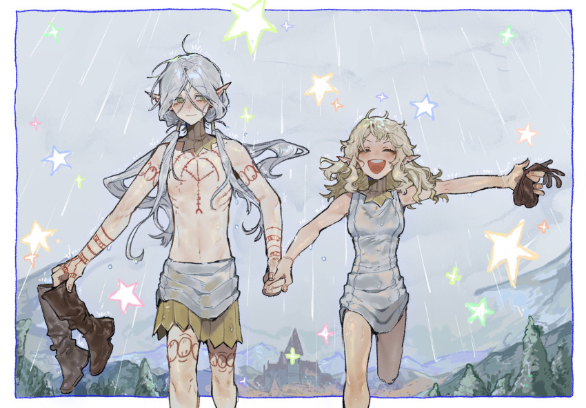 1boy, 1girl, :d, ^_^, arm_tattoo, blonde_hair, blush, building