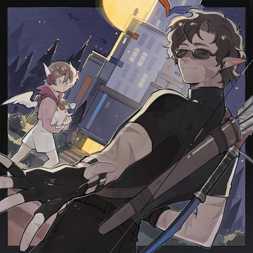 2boys, animal, bow_(weapon), cat, fingerless_gloves, gloves, goodtimeswithscar, goodtimeswithscar_(hotguy)