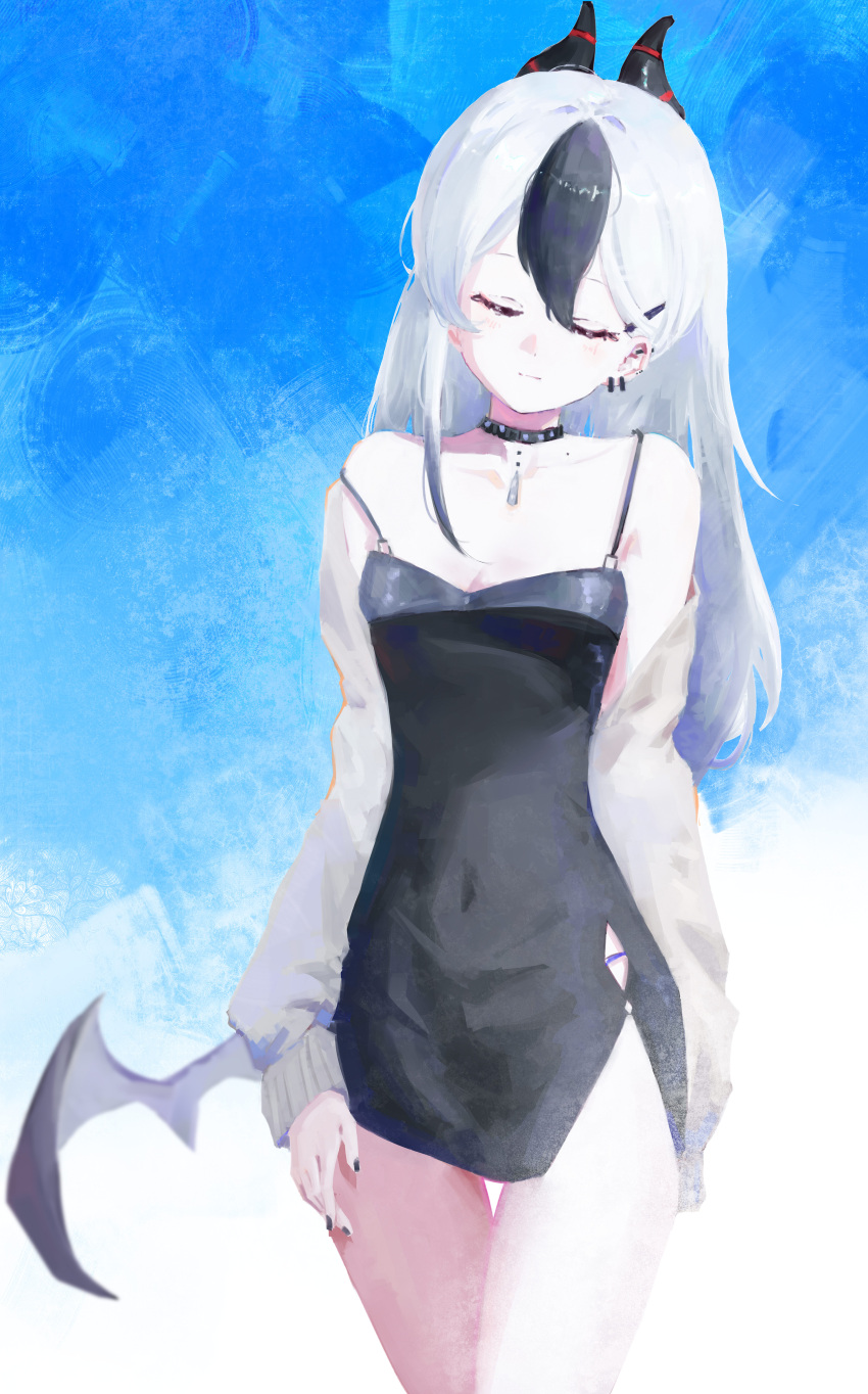 1girl, absurdres, black_choker, black_dress, black_hair, black_horns, black_nails, blue_archive