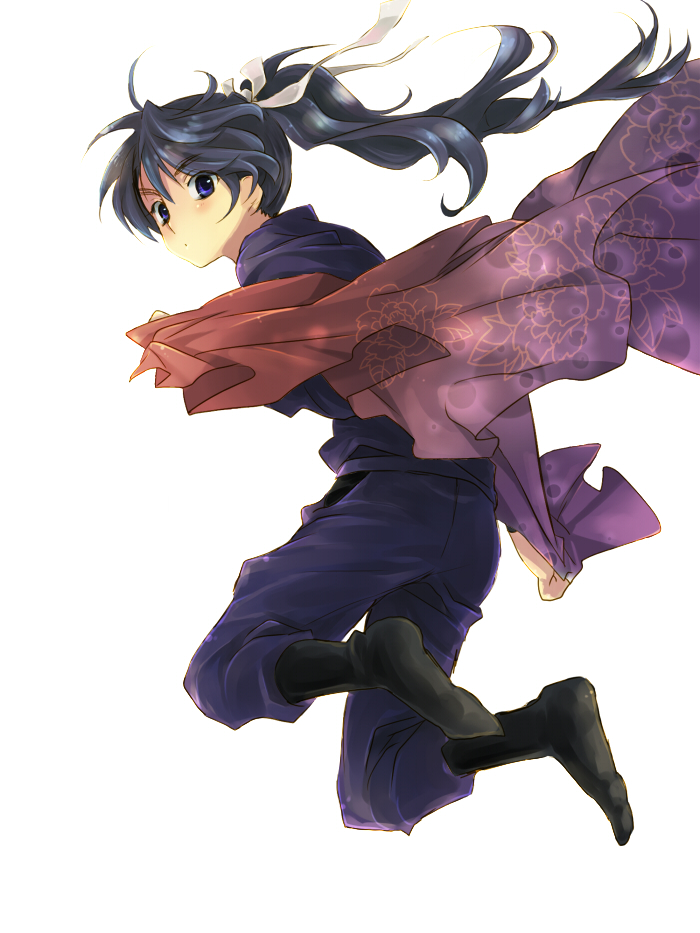 black_hair, blue_eyes, blue_hair, japanese_clothes, jumping, kukuchi_heisuke, long_hair, male