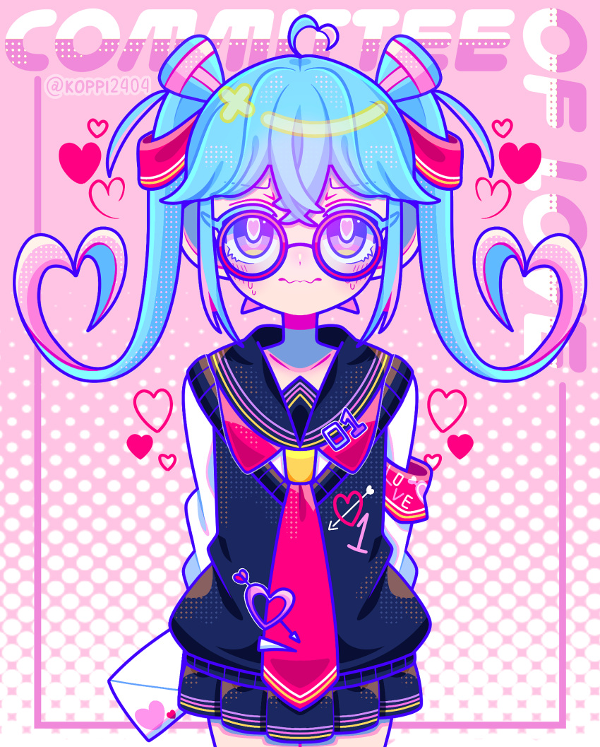 1girl, aqua_hair, armband, arms_behind_back, artist_name, bespectacled, black_skirt, black_sweater