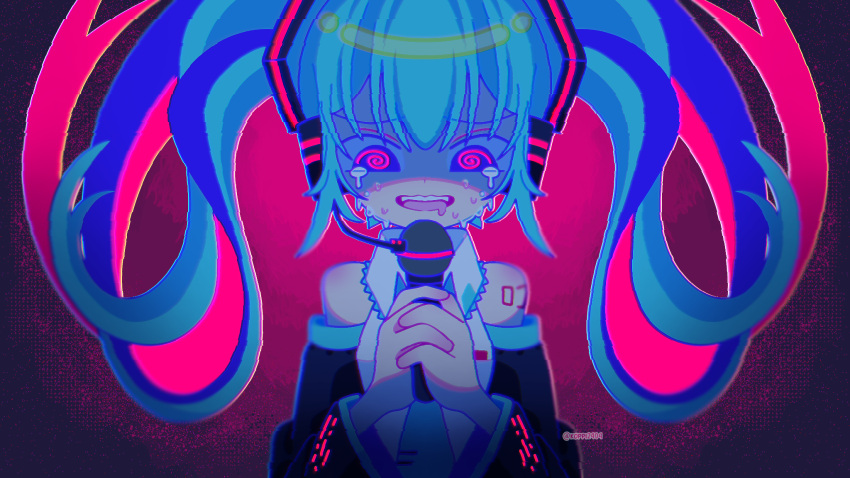 1girl, @_@, artist_name, bare_shoulders, black_sleeves, collared_shirt, colored_inner_hair, commentary