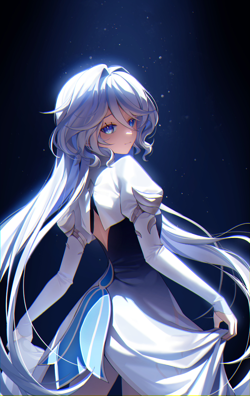 1girl, back_cutout, black_dress, blue_eyes, closed_mouth, clothing_cutout, cowboy_shot, dark_background, dress, drop-shaped_pupils, focalors_(genshin_impact), from_behind, genshin_impact, gradient_dress, grey_hair, highres, juliet_sleeves, light_particles, long_hair, long_sleeves, looking_at_viewer, looking_back, puffy_sleeves, shrug_(clothing), skirt_hold, solo, spotlight, symbol-shaped_pupils, tt0215, very_long_hair, wavy_hair, white_dress, white_sleeves