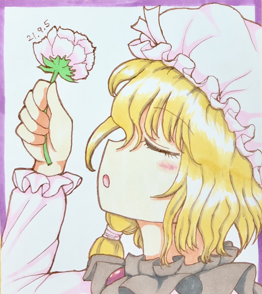 1girl, 20000-hit_girl_(touhou), :o, blonde_hair, brooch, closed_eyes, flower, frills, from_side, hat, holding, holding_flower, jewelry, long_sleeves, medium_hair, minorin_minor, mob_cap, portrait_of_exotic_girls, puffy_sleeves, simple_background, solo, touhou, traditional_media, wavy_hair, white_background, white_flower, white_hat