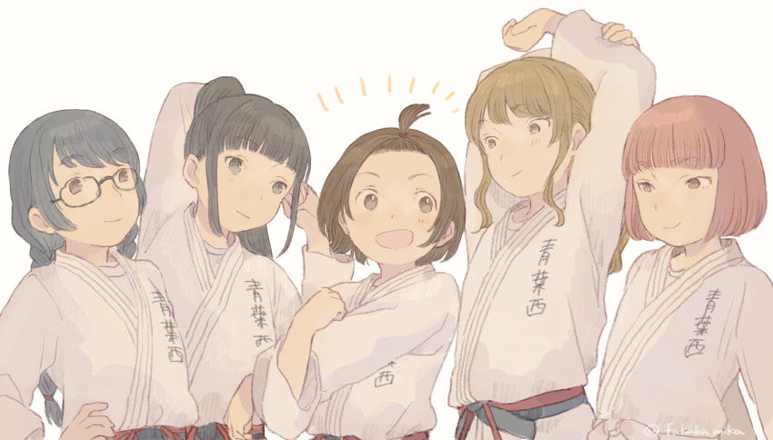 5girls, :d, absurdres, belt, black_hair, blonde_hair, bob_cut, braid