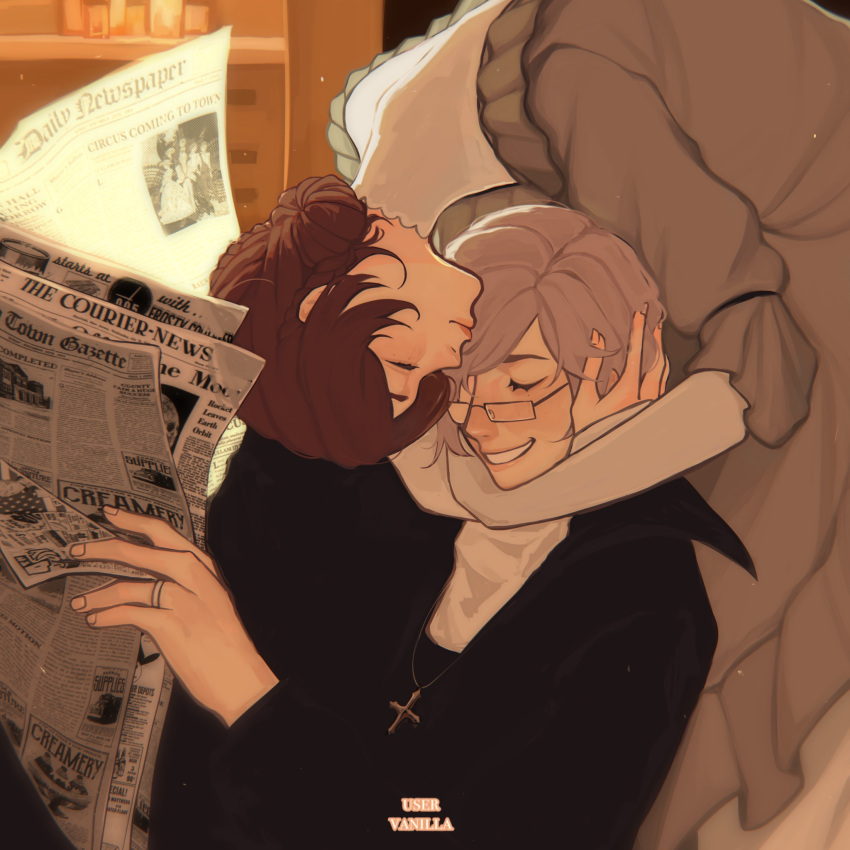 1boy, 1girl, arms_around_neck, artist_name, brown_hair, bungou_stray_dogs, closed_mouth, commentary, couple, cross, cross_necklace, dress, english_commentary, english_text, glasses, grey_hair, hair_bun, hand_in_another's_hair, hetero, highres, holding, holding_newspaper, hug, hug_from_behind, indoors, jewelry, long_sleeves, margaret_mitchell, nathaniel_hawthorne, necklace, newspaper, ring, short_hair, smile, teeth, user_vanilla