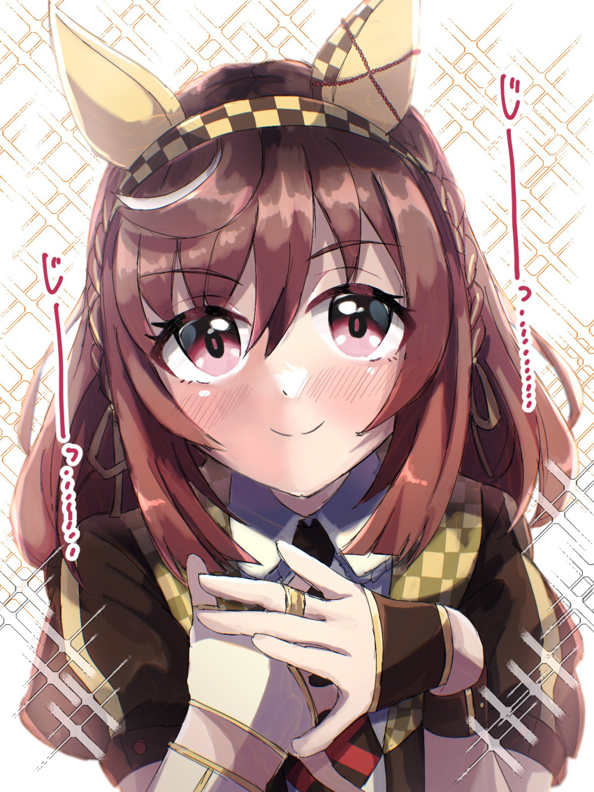 1girl, blush, brown_hair, buena_vista_(umamusume), commentary_request, hair_ornament, hands_on_own_chest, headband