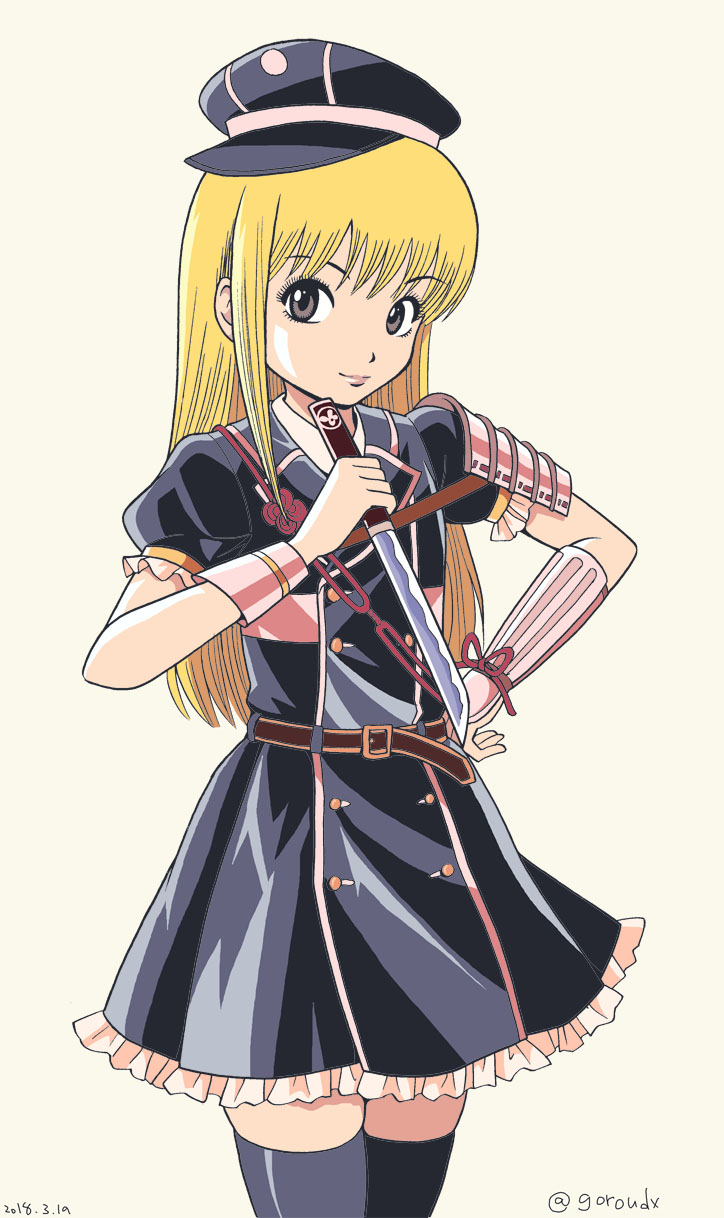 1girl, armor, belt, blonde_hair, blunt_bangs, brown_eyes, commentary_request, cosplay