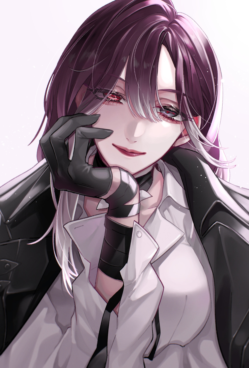 1girl, aegyo_sal, black_coat, black_gloves, coat, coat_on_shoulders, collared_shirt, commentary_request