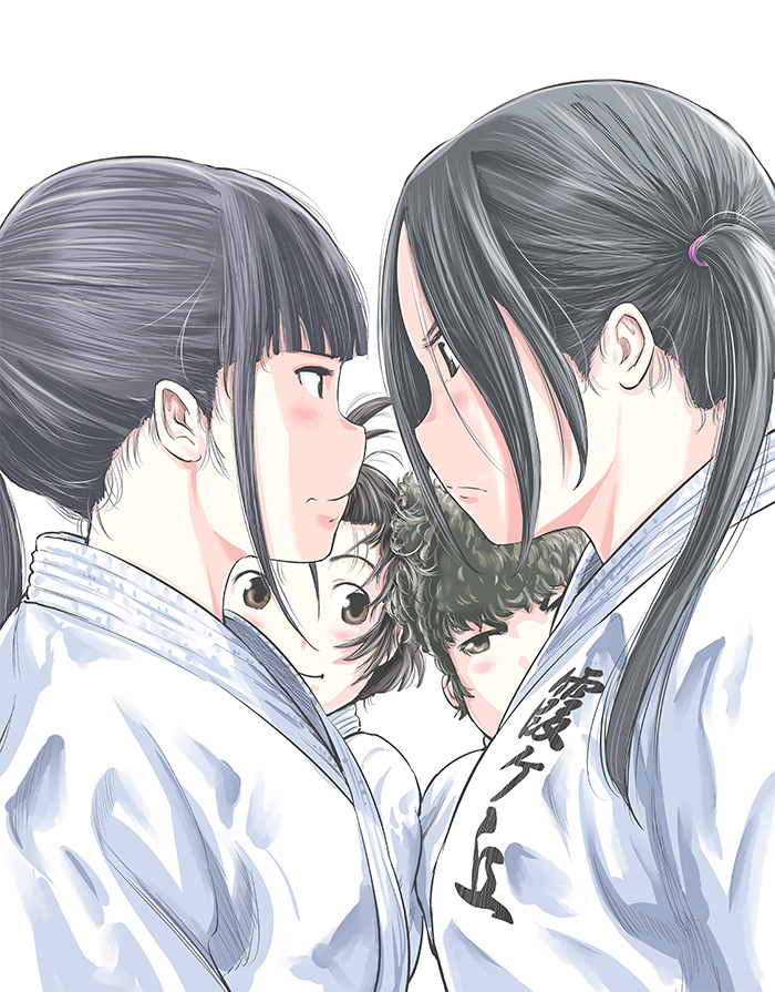 4girls, amane_erika, black_hair, brown_eyes, commentary_request, curly_hair, eye_contact, face-to-face