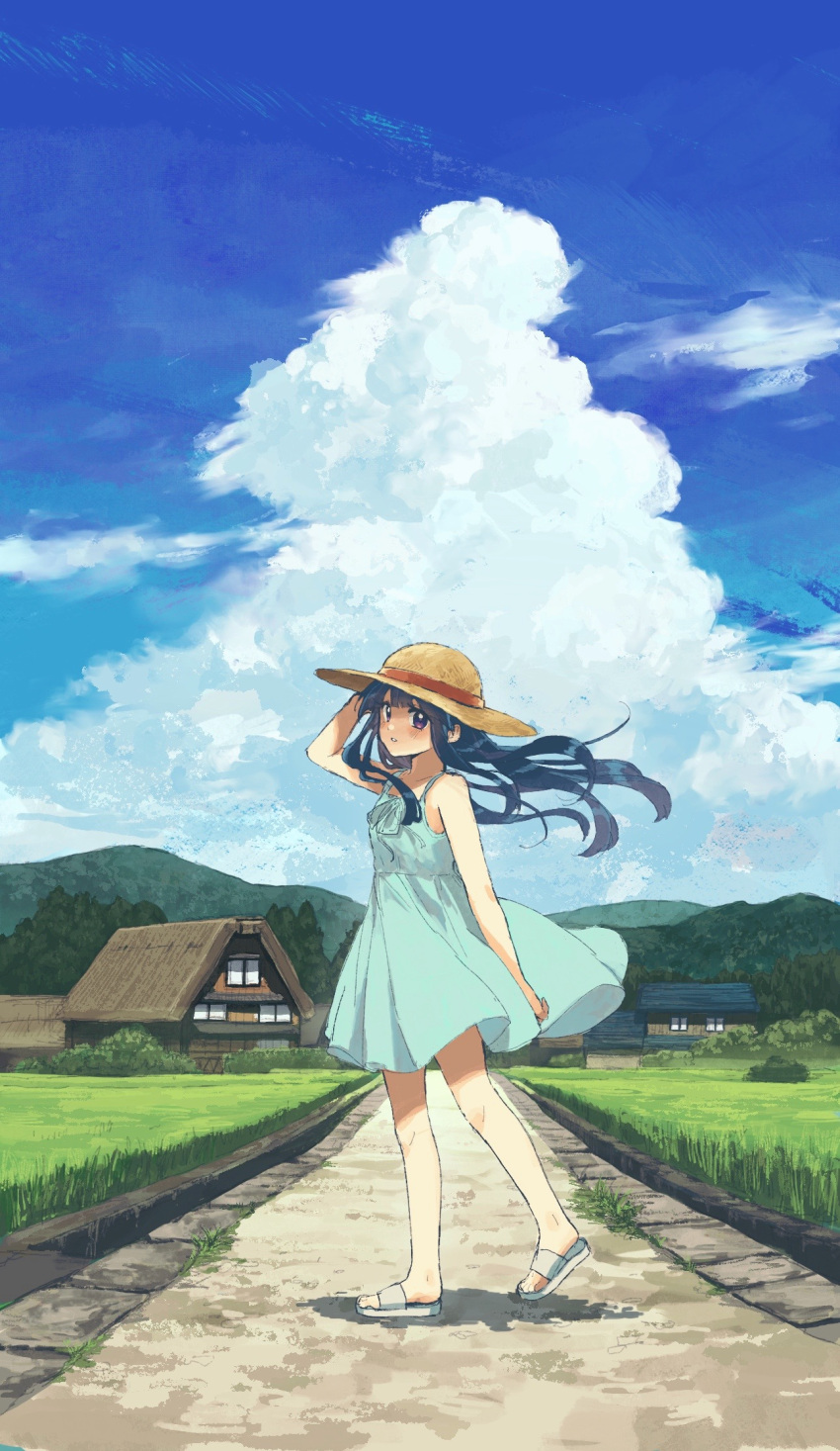 1girl, blue_hair, blue_sky, blunt_bangs, blush, clouds, dress, full_body