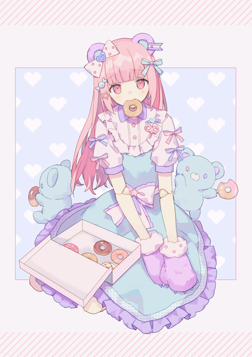 1girl, animal_ears, animal_hands, bear_ears, blue_bow, blue_dress, bow, candy_hair_ornament