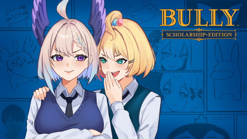 2girls, ahoge, aqua_eyes, beads, black_necktie, blonde_hair, bully_(game), crewmate_(among_us), enna_alouette, gudanco_(nyanmeowzer), hair_beads, hair_ornament, hairclip, head_wings, highres, laughing, lips, millie_parfait, multiple_girls, necktie, nijisanji, nijisanji_en, nina_kosaka, pig, shirt, smile, sweater_vest, tazumi_riku, violet_eyes, white_shirt, wings