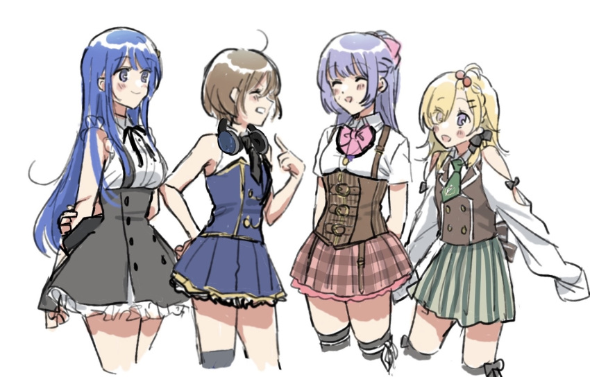 4girls, ^_^, ahoge, arms_behind_back, assault_lily, bangs_pinned_back, bare_arms, bare_shoulders