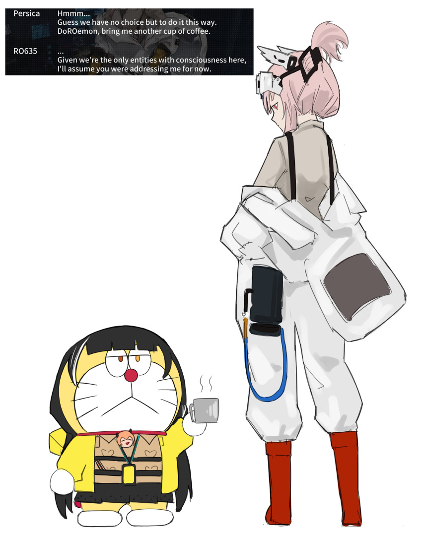 1boy, 1girl, absurdres, animal_ears, cat_ears, character_badge, coffee_mug, cosplay