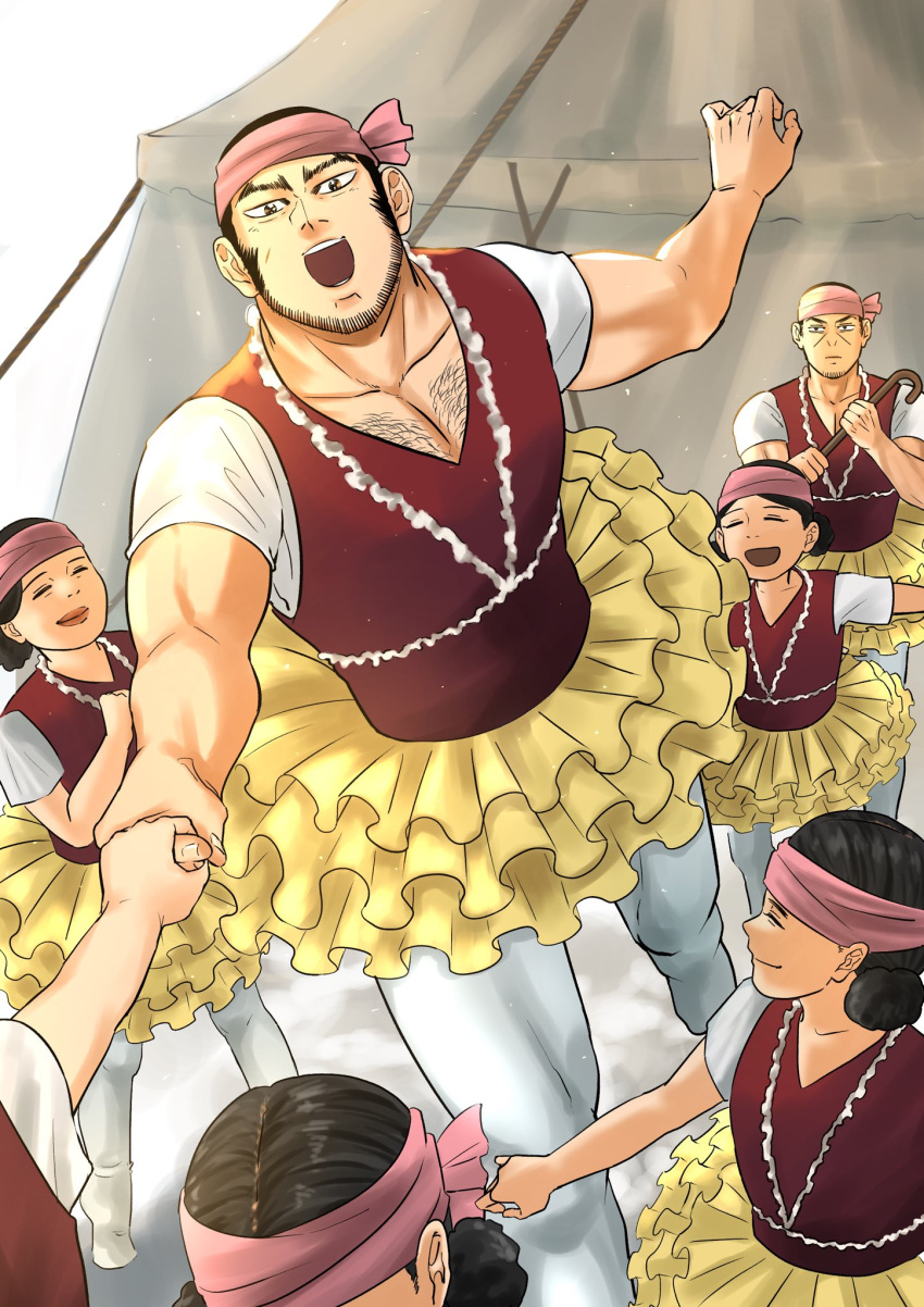 2boys, 4girls, :d, beard_stubble, black_hair, buzz_cut, crossdressing, dancing