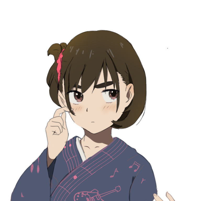 1girl, aoi_aioi, asymmetrical_hair, brown_eyes, brown_hair, commentary_request, grey_kimono, hair_between_eyes