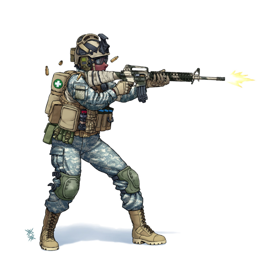 1girl, ammunition_pouch, assault_rifle, battlefield_(series), battlefield_3, belt, belt_pouch, black_hair