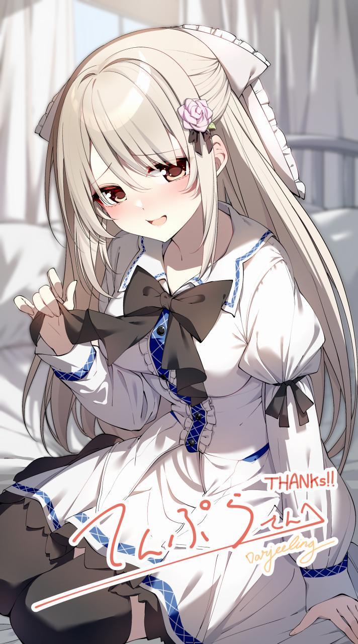 1girl, bed_sheet, black_bow, black_thighhighs, blonde_hair, blurry, blurry_background, blush