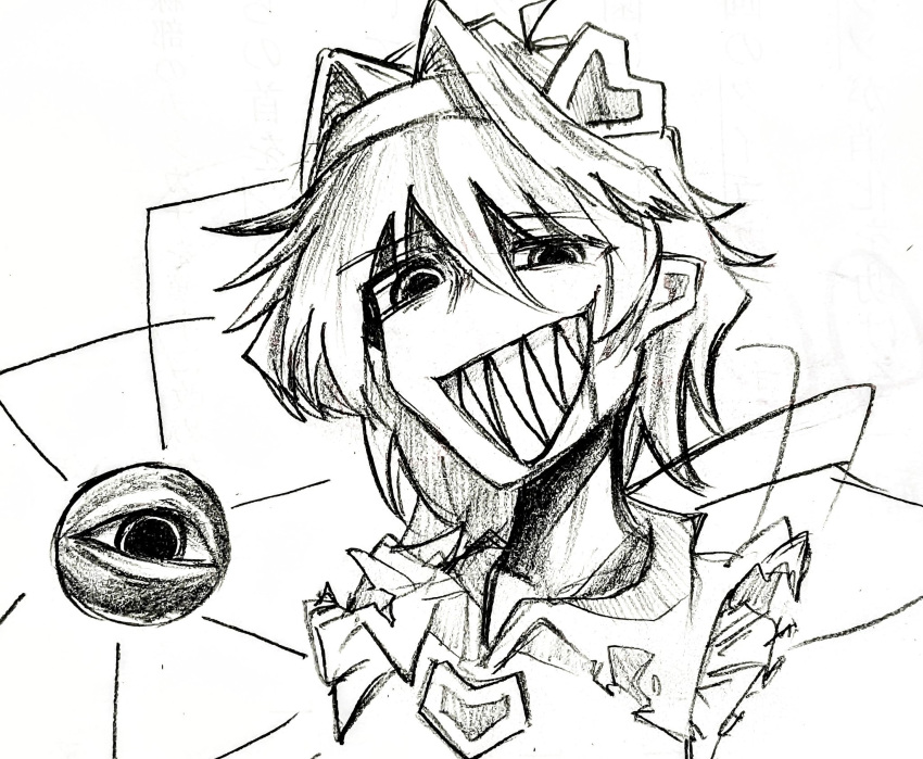 1girl, 3rdeye_suki, commentary, greyscale, grin, hair_intakes, hairband, heart