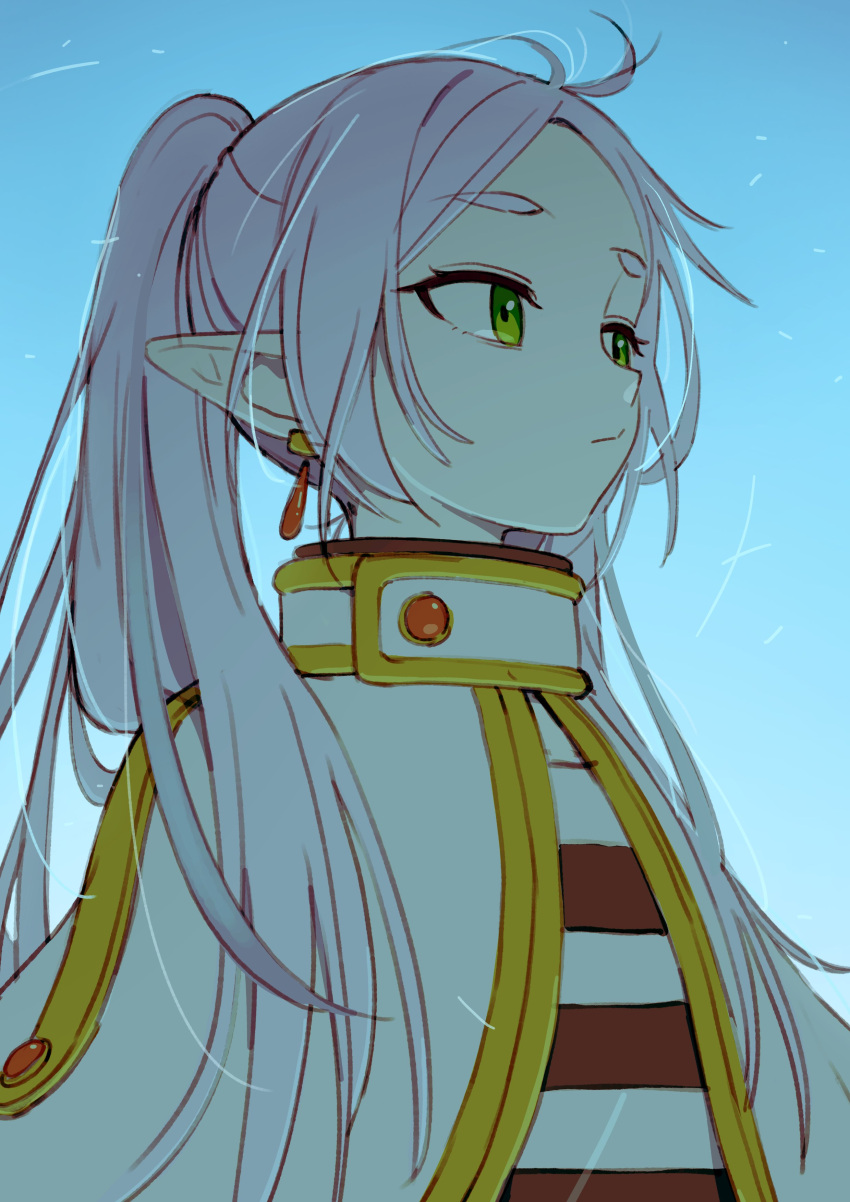 1girl, absurdres, blue_sky, chou_(danny8461), earrings, elf, expressionless, frieren