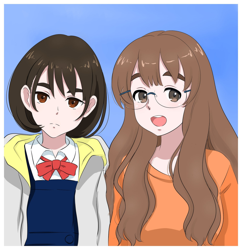 :d, akane_aioi, aoi_aioi, blue_background, border, bow, bowtie, breasts