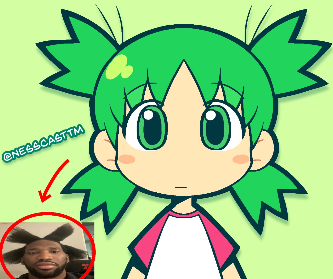 1boy, 1girl, arrow_(symbol), artist_name, blush_stickers, closed_mouth, dark-skinned_male, dark_skin, green_eyes, green_hair, koiwai_yotsuba, looking_at_viewer, nesscasttm, photo_inset, reference_inset, short_hair, twitter_username, yotsubato!