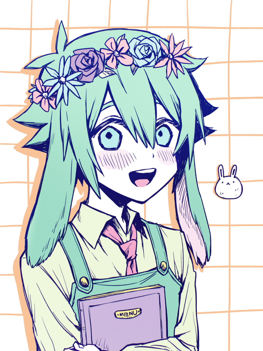1boy, absurdres, animal_ears, basil_(headspace)_(omori), basil_(omori), blush, collared_shirt, colored_skin