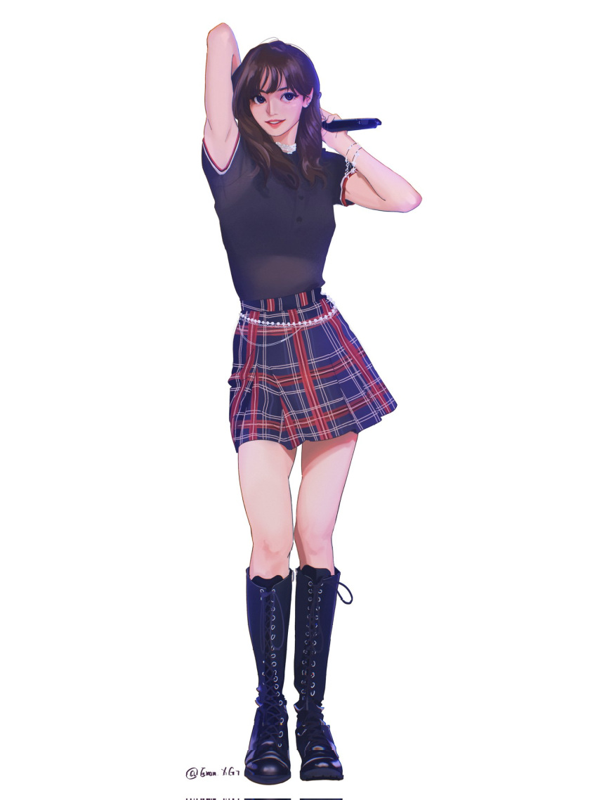 1girl, black_footwear, black_shirt, blackpink, boots, bracelet, brown_hair, commentary
