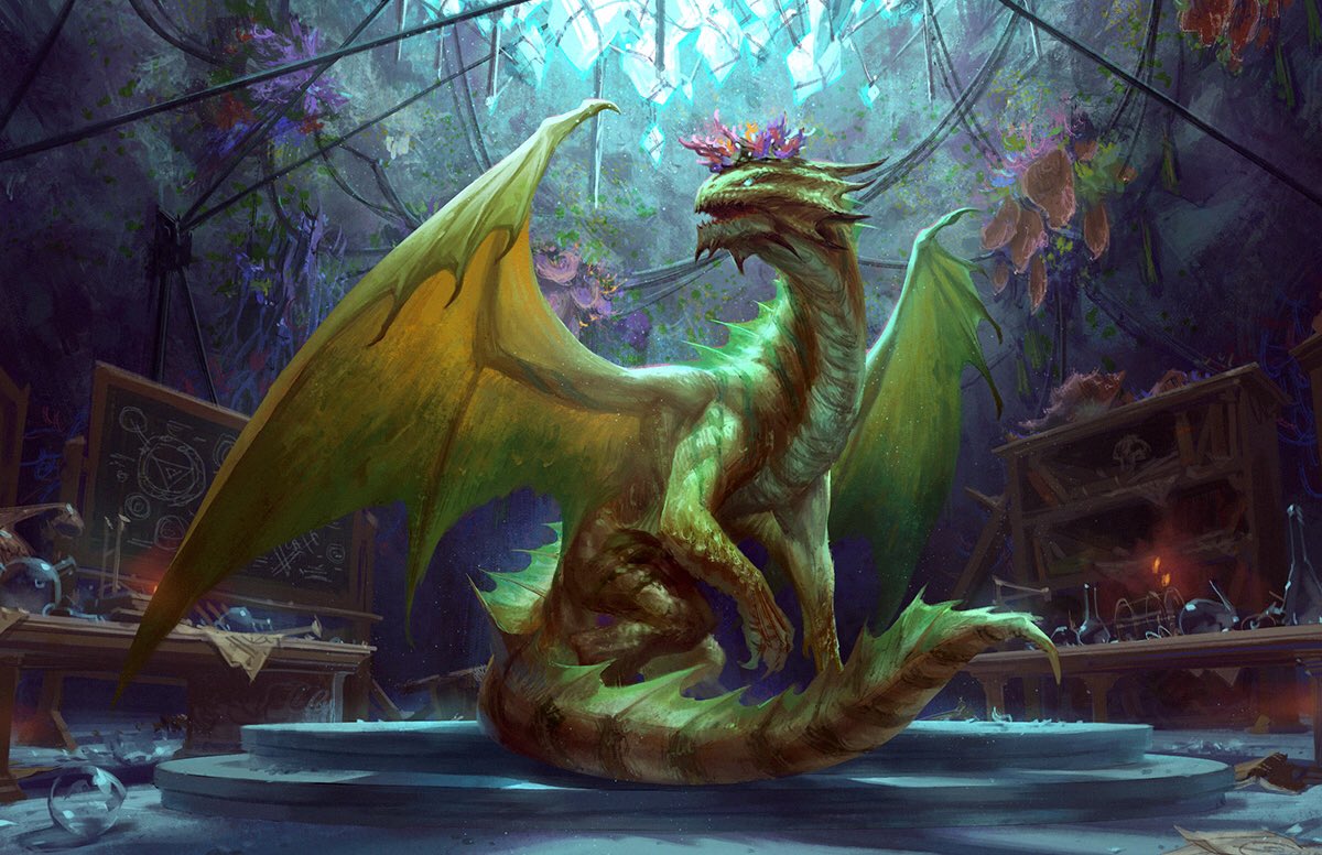 andrewkmar, animal_focus, bookshelf, bronze_dragon_(d&amp;d), chalkboard, dragon, dungeons_&amp;_dragons, flask, full_body, head_wreath, herb_bundle, indoors, laboratory, monster, no_humans, official_art, open_mouth, round-bottom_flask, scales, sitting, solo_focus, table, tail, western_dragon, wings