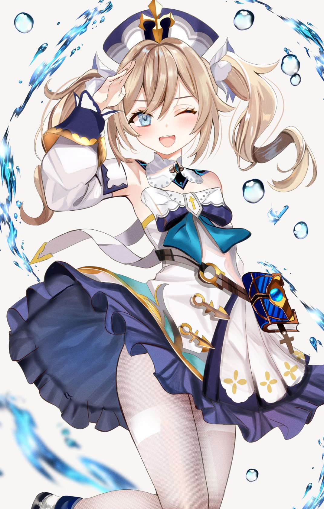 1girl, ;d, barbara_(genshin_impact), blonde_hair, blue_eyes, blush, collar, commentary_request