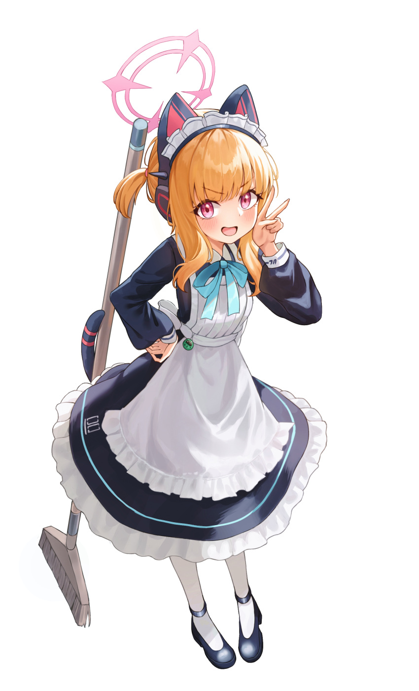 1girl, absurdres, animal_ear_headphones, animal_ears, apron, black_footwear, blue_archive, blue_ribbon
