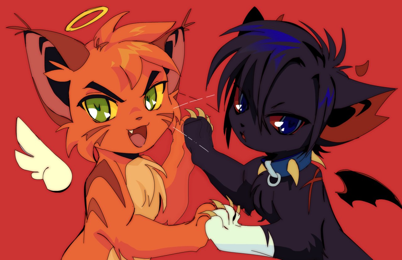 2boys, angel_wings, animal_ears, animal_hands, animification, brothers, cat_boy, cat_ears, collar, demon_horns, demon_wings, fang, firestar_(warriors), furry, furry_male, green_eyes, halo, horns, male_focus, multiple_boys, red_background, sam_(kyaptainkiddo), scar, scourge_(warrior_cats), siblings, warrior_cats, whiskers, wings